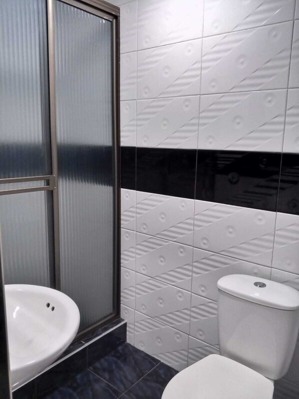 A bathroom with a shower enclosure, a sink, and a toilet.