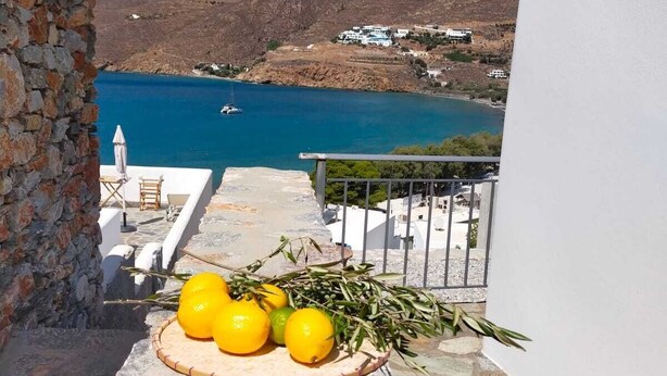 A stone balustrade with a wicker basket containing lemons and rosemary.