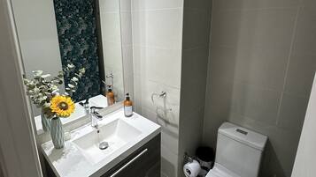 Douche, sèche-cheveux, serviettes fournies, savon