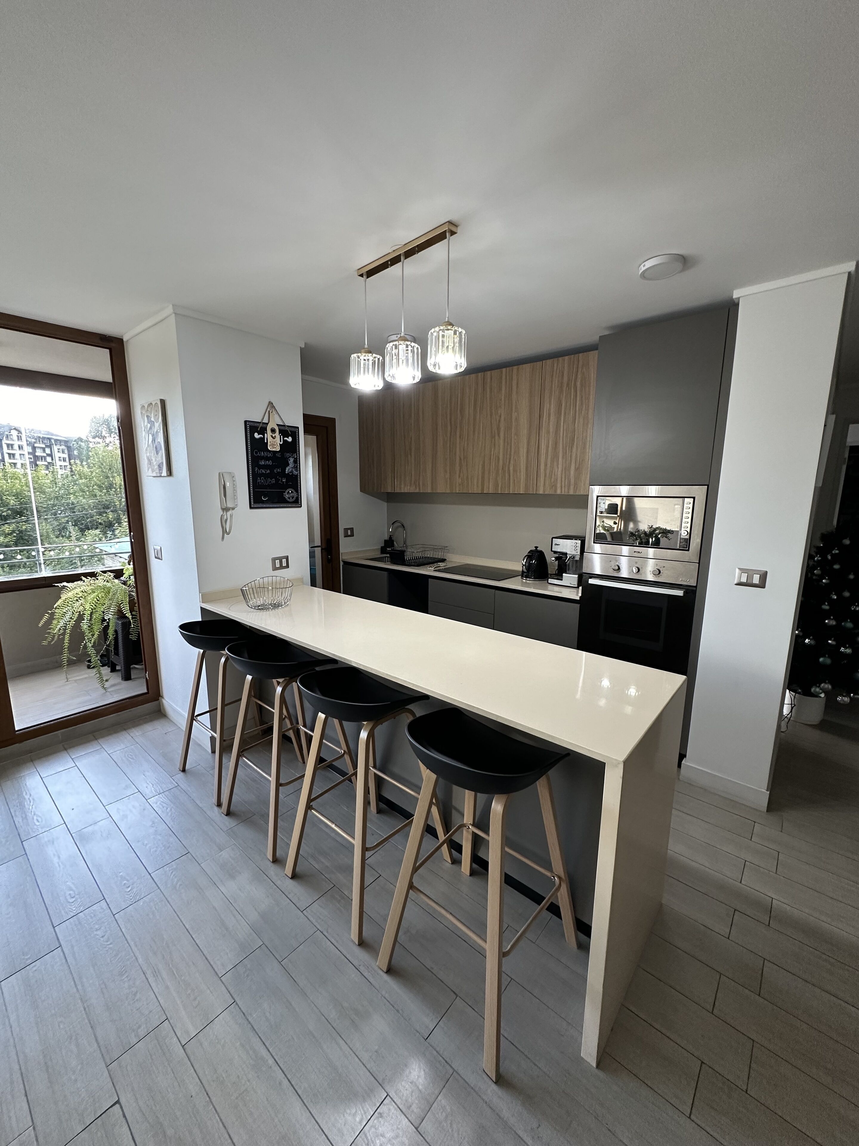 Frigorífico, microondas, horno y placa de cocina
