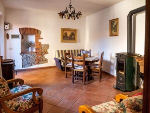 Smart TV, fireplace, books, music library