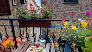 A wooden table with a plate of food and drinks, surrounded by colorful flowers and a stone building in the background. - AramoVerde
Tuscan house in the heart of green hills in a medieval village (Aramo)