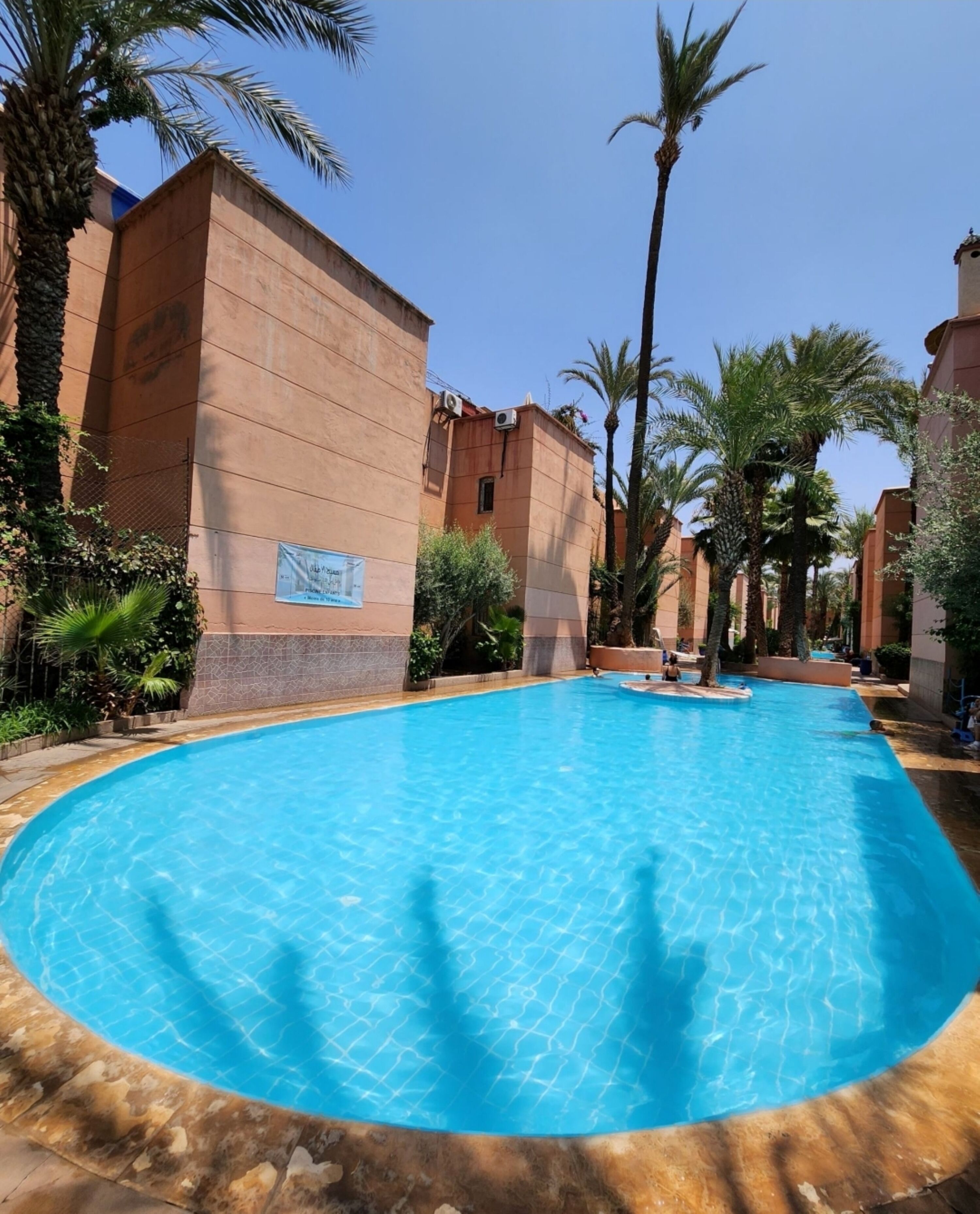 A swimming pool surrounded by palm trees and buildings with a clear blue sky above.