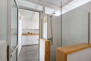 Shower, hair dryer, towels