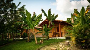 Een houten huis met pannendak, omringd door weelderige begroeiing en bananenbomen.