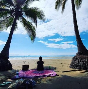 Guests can relax on the beach, surrounded by palm trees.