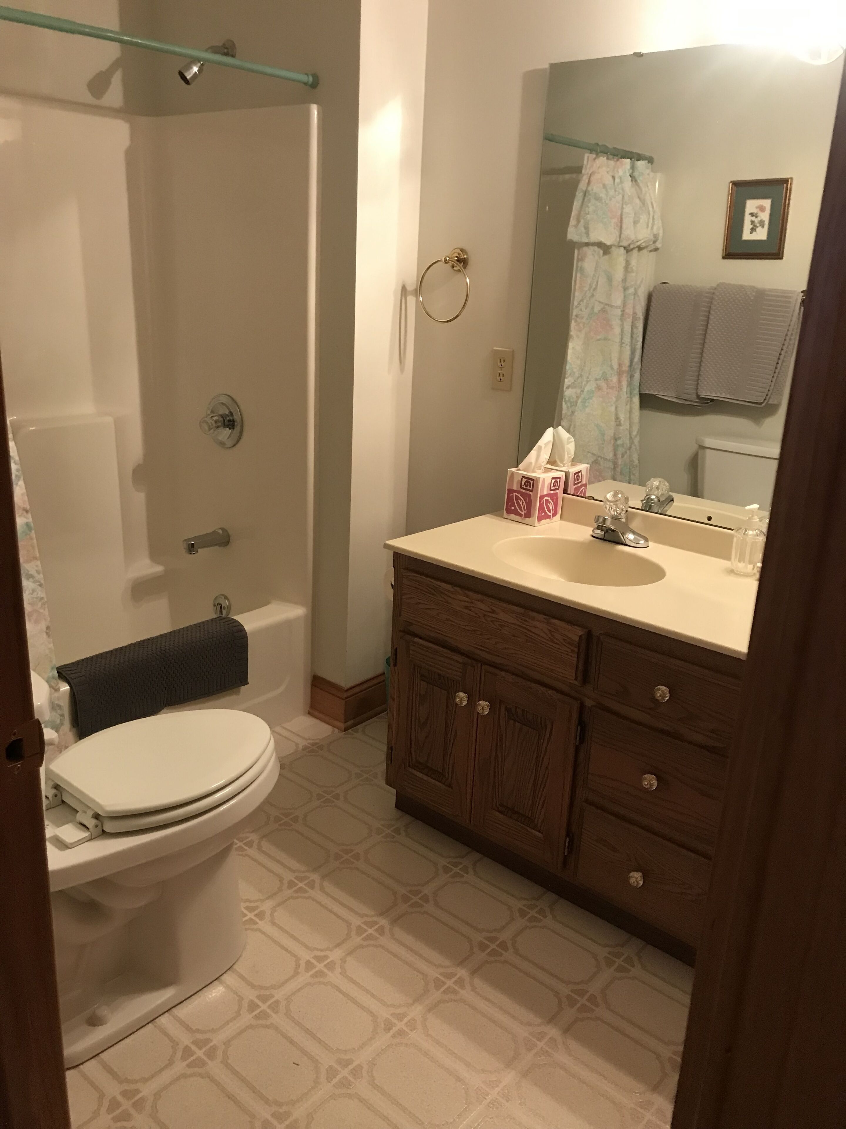 A bathroom with a toilet, sink, vanity, mirror, shower, and a towel rack.