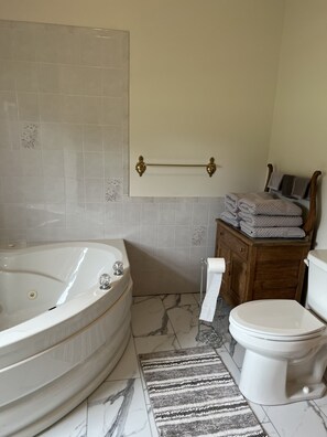 Douche, séchoir à cheveux, serviettes fournies, savon