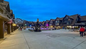 Une place de ville avec un grand sapin de Noël, des boutiques et des bâtiments à l’architecture traditionnelle.