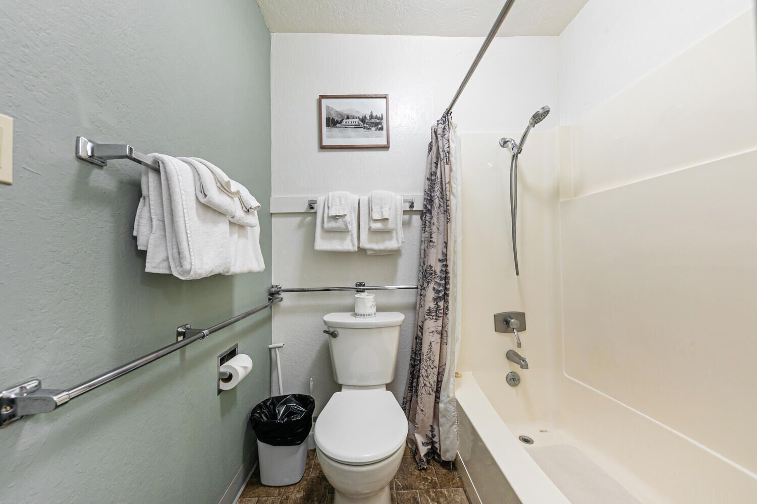 A bathroom with a toilet, a shower, a bathtub, a towel rack, a trash can, and a framed picture on the wall.