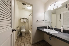 Baño con inodoro, lavamanos y ducha. Hay barras de apoyo y un perchero para toallas.