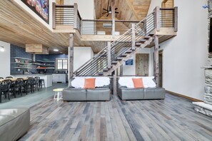 Smart TV, fireplace, books, music library