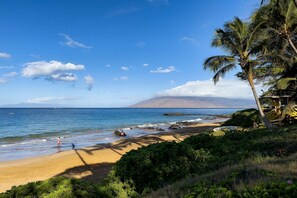 A beach with clear skies, a mountain in the background, and a lifeguard station.