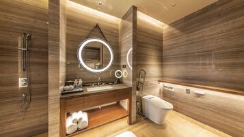 Shower, rainfall showerhead, designer toiletries, hair dryer