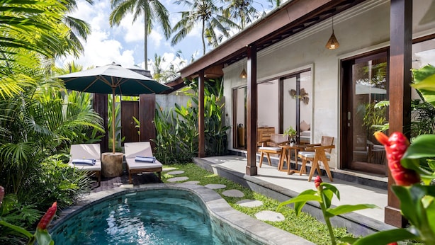 Un espace aménagé au bord de la piscine, avec des chaises longues, une table et un coin salon abrité.