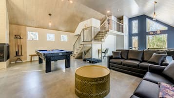 Fireplace, table football, books