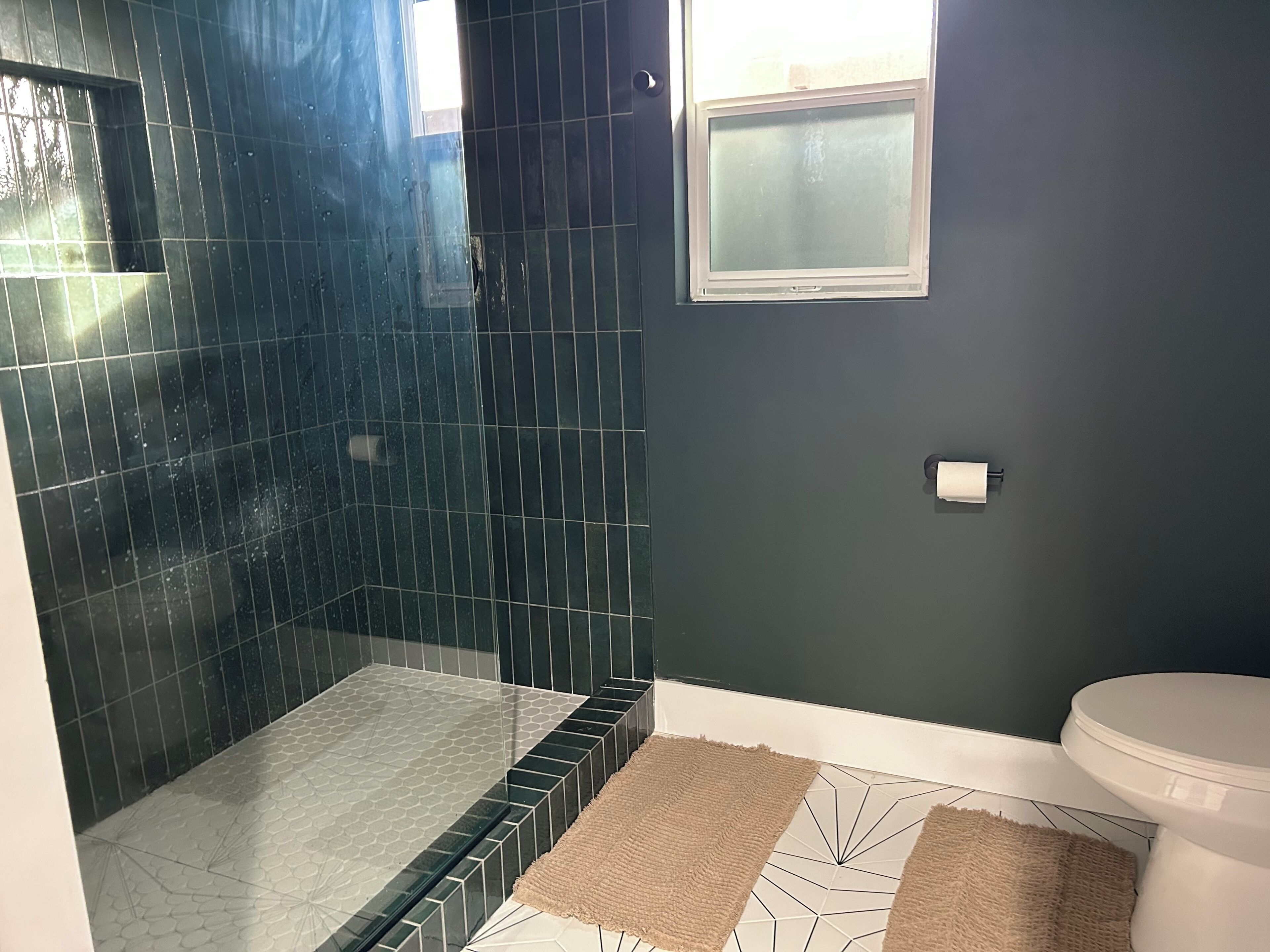 A bathroom with a dark tiled shower, a toilet, and a window.