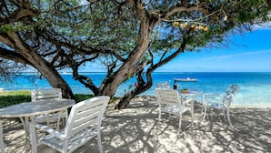 A beachside seating area with white metal chairs and tables, a large tree providing shade, and a view of the sea with a boat in the distance. - NEW Listing - Beachfront Suite & Spacious Patio (Savaneta)