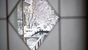Un jardin enneigé avec un pont en bois et un étang.