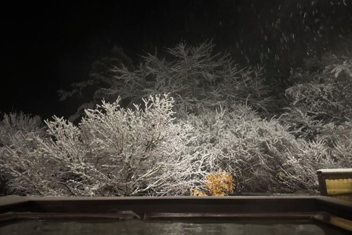 Vista nocturna de un paisaje nevado con una masa de agua al frente.
