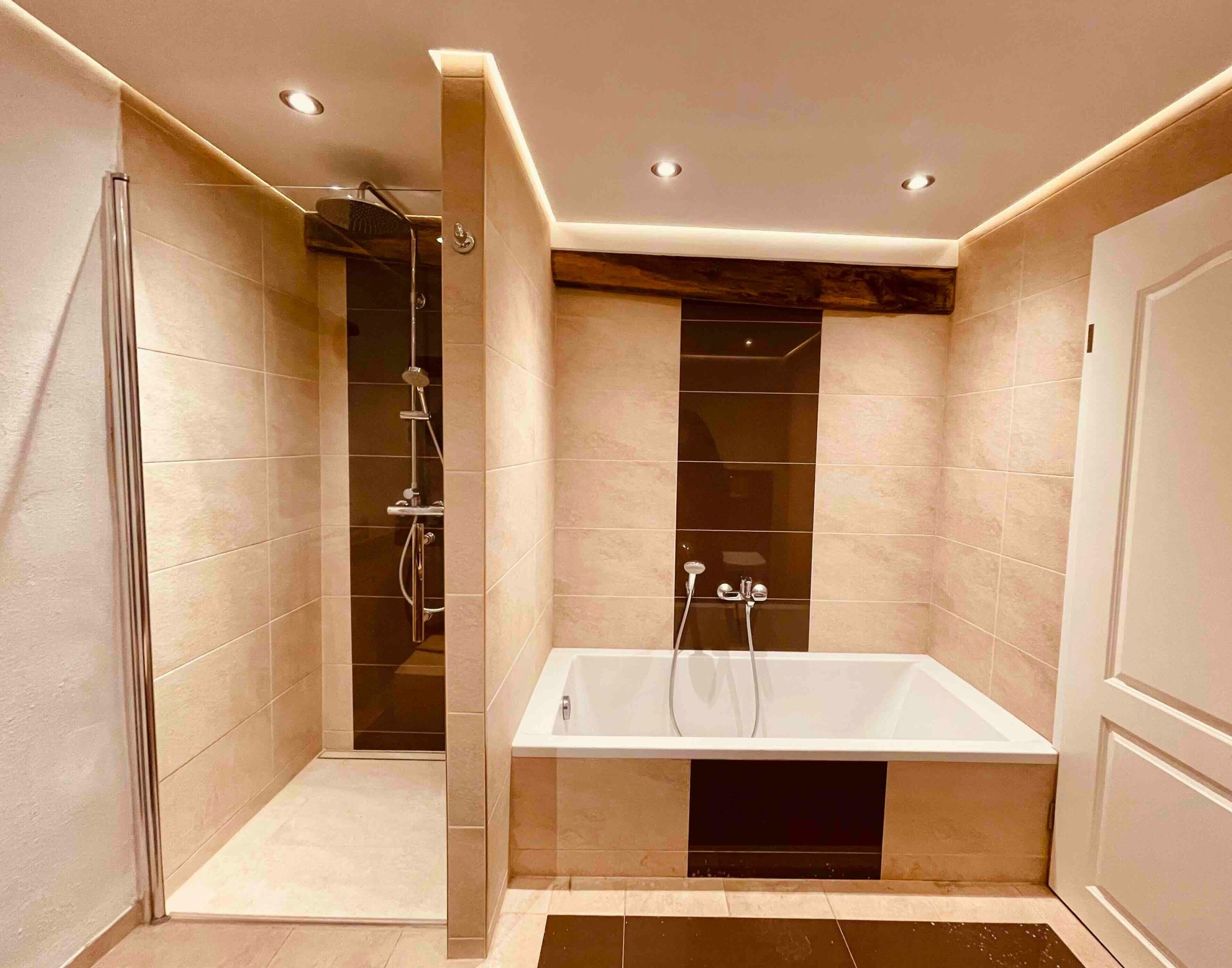 A modern bathroom with a walk-in shower, a freestanding bathtub, and recessed ceiling lighting.