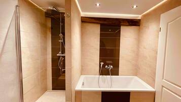 A modern bathroom with a walk-in shower, a freestanding bathtub, and recessed ceiling lighting.