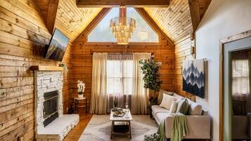 Smart TV, fireplace, books, computer monitors