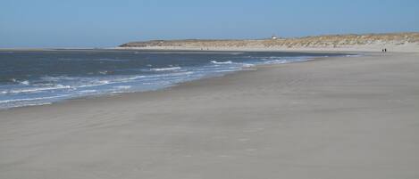 Una amplia playa de arena con olas suaves, cielo despejado y una duna distante.
