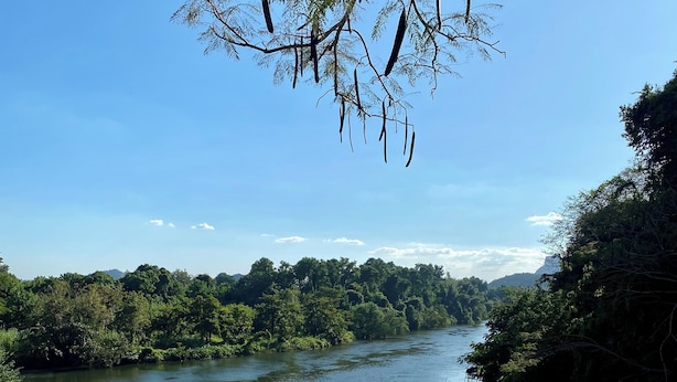 Eine Holzterrasse mit zwei weißen Sonnenschirmen und vier Holzstühlen mit Blick auf einen Fluss.