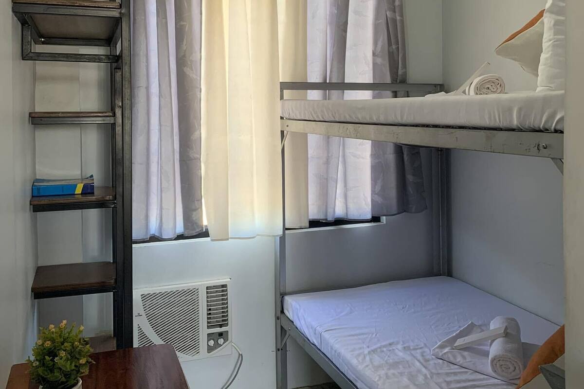 Dormitorio con literas, una mesa y una planta en maceta.