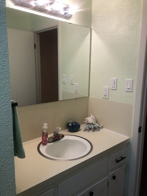 Hair dryer, towels, soap, shampoo