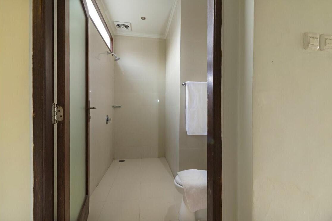 Un pasillo estrecho que da a un baño con inodoro y ducha.