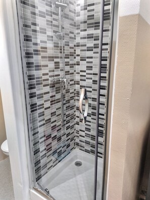 Chuveiro, secador de cabelo, toalhas de banho, papel higiênico