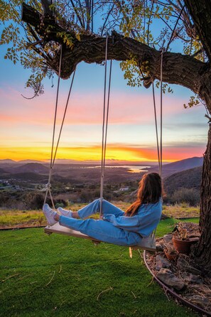 Una persona seduta su un'altalena legata a un albero, con vista su un paesaggio collinare e un tramonto.