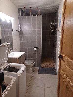 Un baño pequeño con inodoro, lavabo y zona de ducha.