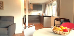 Cozy living space with a kitchenette, sofa, and chair, perfect for a compact retreat.