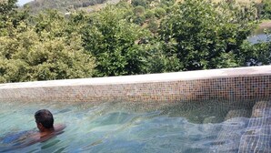 A man swimming in a clear pool with mosaic tiles, surrounded by lush greenery. - Casa da Flor 3 (Amarante)
