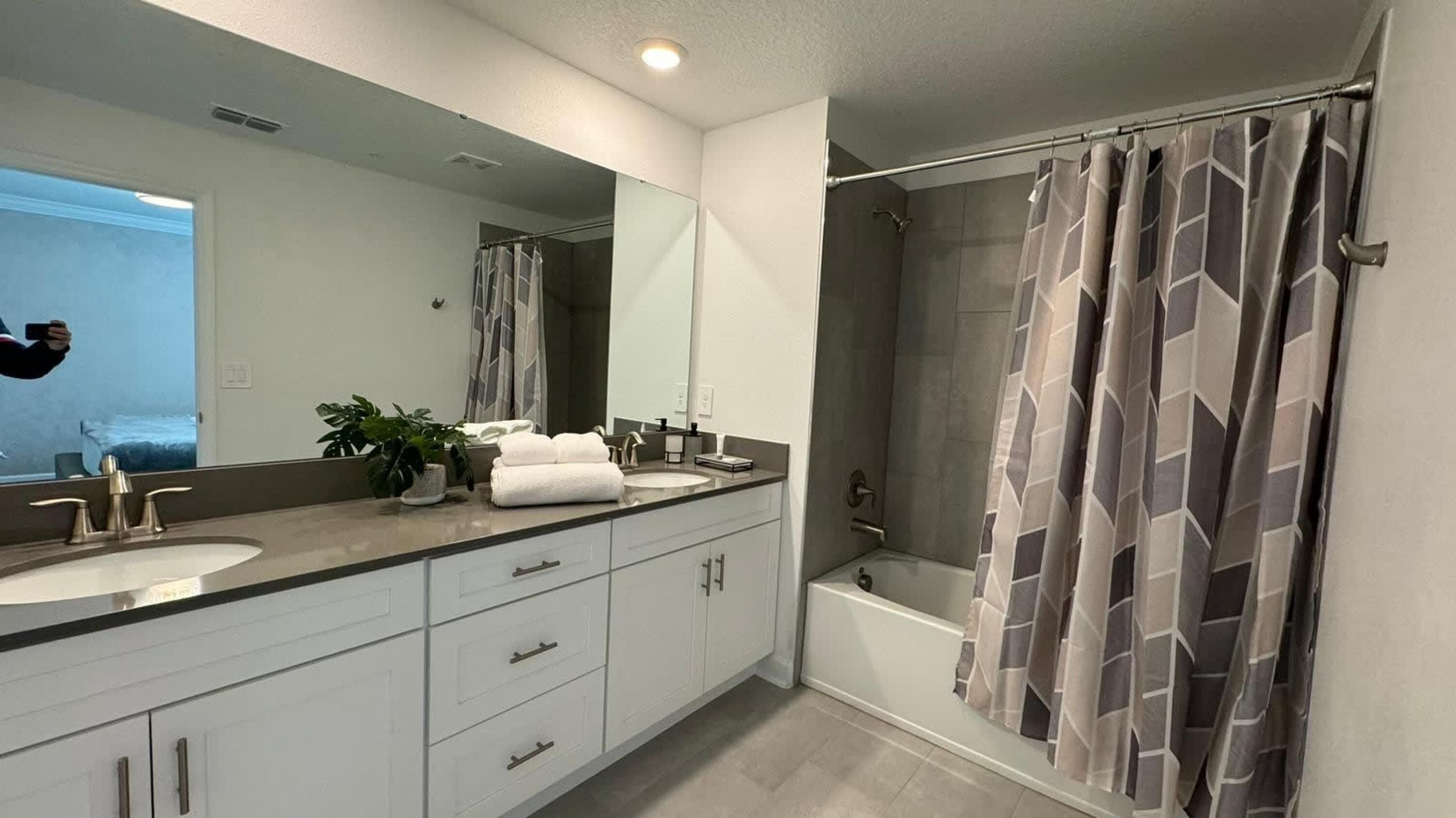 A modern bathroom with two sinks, a large mirror, a shower with a patterned curtain, and a potted plant.