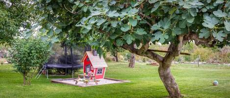 Ein rotes Haus mit einem kleinen Garten, einer Schaukel und einem Baum mit breiten Blättern.