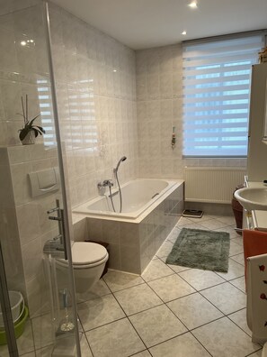 Hair dryer, towels, toilet paper