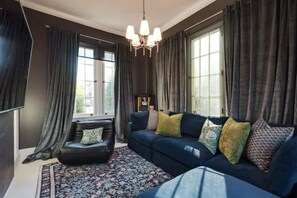 Televisión, chimenea y libros 