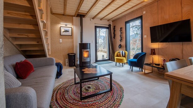 A cozy living room with a fireplace, a sofa, a coffee table, and a TV. - Chalet Henri, Grand Confort, au Calme, vue D'exception, Sauna, 4/6 Personnes (Murol)