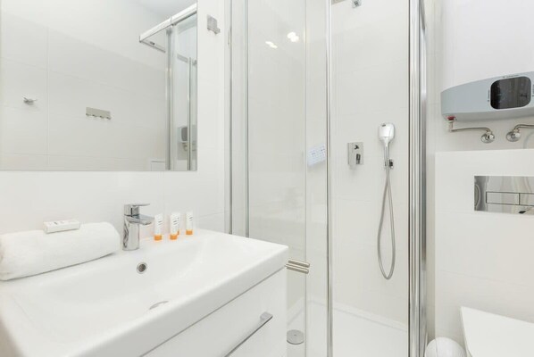 Shower, hair dryer, shampoo