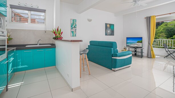 A modern apartment with a kitchen, living area, and balcony. - Verbena at the Refuge de Madiana in Schoelcher 1036 eg-supply-onboarding-api eg-supply-onboarding-api (Schoelcher)