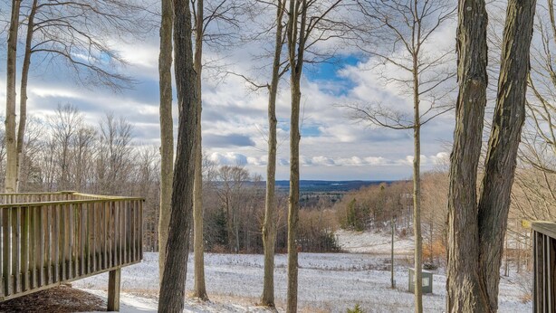 A wooden deck overlooking a snowy landscape with tall trees and distant hills. - Bellaire Condo - Walk to Shanty Creek Resort! (Bellaire)