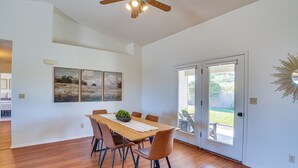 A dining area with a wooden table, six chairs, and a ceiling fan. - Thatcher Home w/ Fenced Backyard: 3 Mi to Downtown (Thatcher)