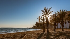 A beach with palm trees and a building in the background. - Modern sea Front Sea Waves (Alicante)