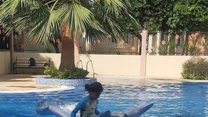 Niño en una piscina con una palmera y un banco al fondo.