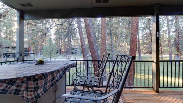 A covered outdoor area with a table and chairs, overlooking a forested area.