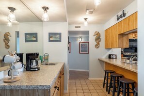 Fridge, microwave, coffee/tea maker